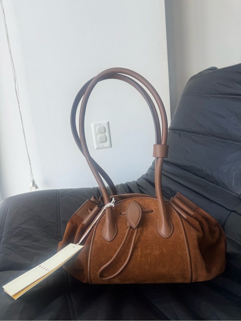 Marni Tulipea Brown Suede Drawstring Shoulder Bag - Picture 3 of 7